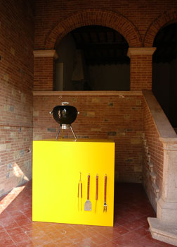 Piero Golia Yellow cube with barbecue and tools, 2005